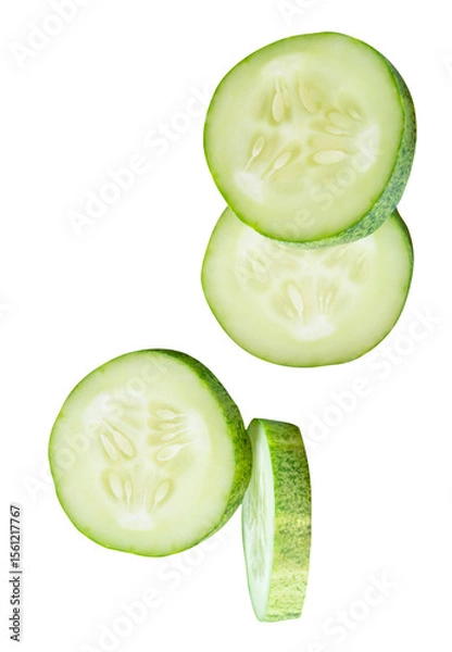 Fototapeta Top view set of fresh green cucumber slices in circle shape in stack isolated on white background with clipping path