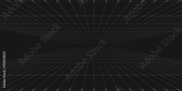 Fototapeta Vector abstract technology perspective grid. Detailed wireframe landscape with white lines on black background. Digital space with mesh.