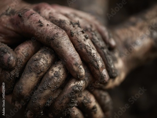 Fototapeta Muddy Hands Clasped Together Symbolizing Teamwork and Trust