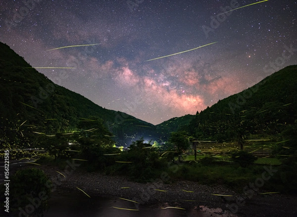 Obraz 里山のホタルと昇る天の川