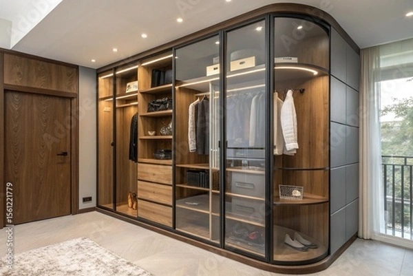 Fototapeta A large walk in closet with a black and brown color scheme