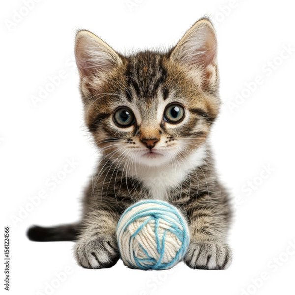 Fototapeta A kitten is playing with a blue and white ball