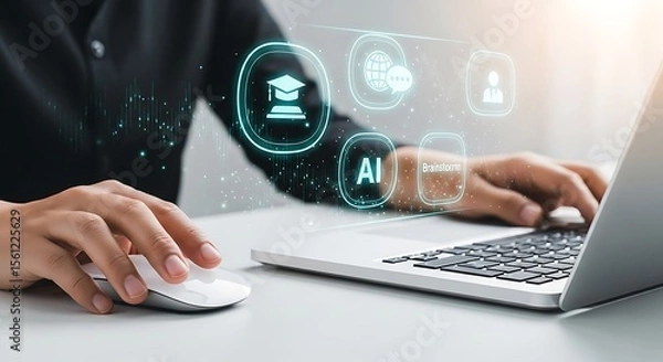 Fototapeta Hands Using Wireless Mouse on Silver Laptop