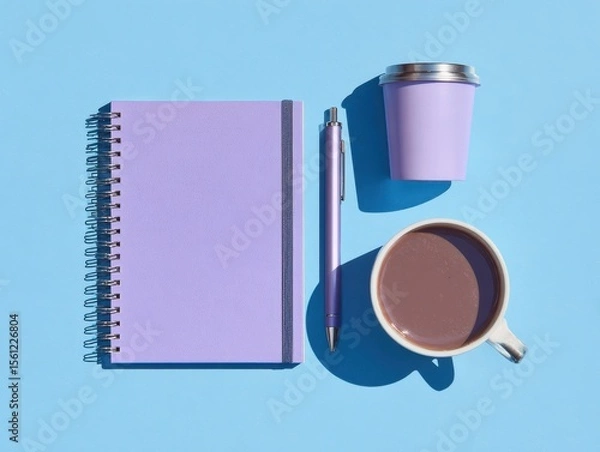 Fototapeta Modern Tech Workspace Flatlay with Purple Notebook and Coffee Cup