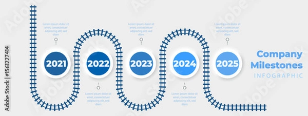 Obraz Curved roadmap infographic with five milestone circles and timeline steps for business or marketing. Infograph design with data flow and modern layout. Vector.