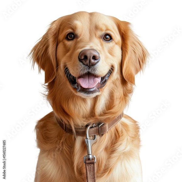 Fototapeta A brown dog is sitting on a white background with a leash