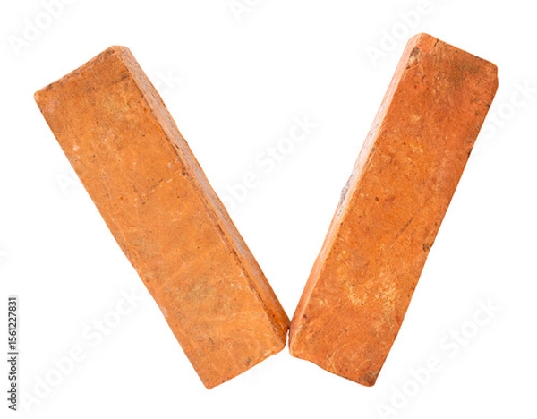 Fototapeta Side view of two cracked old red or orange bricks in stack isolated on white background with clipping path