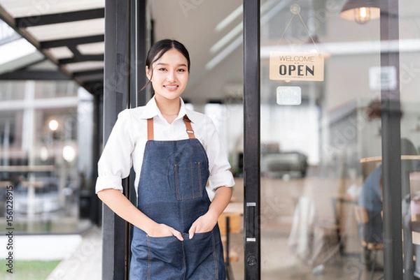 Obraz Small business owner at entrance looking at camera