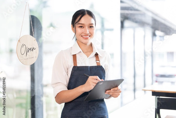 Obraz Cheerful  adult waitress holding digital tablet at cafe, smiling to camera