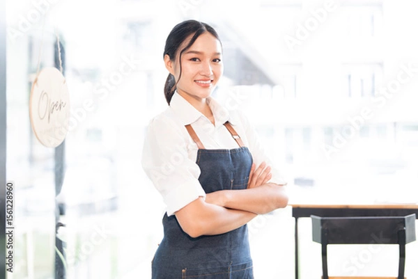 Obraz Portrait of smiling waitress standing with arms crossed at her shop