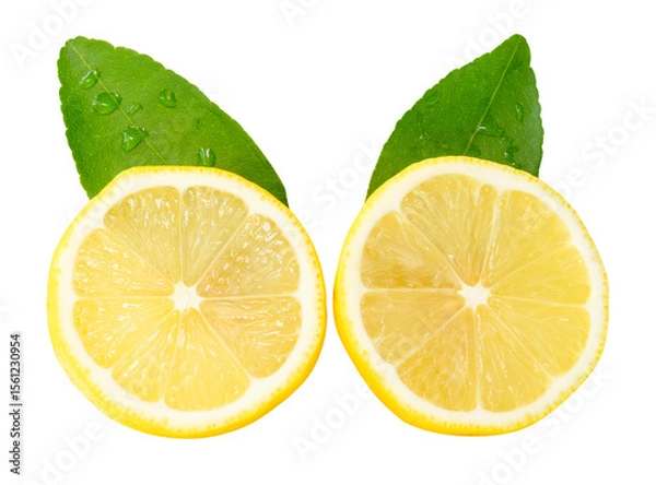 Fototapeta Front view set of ripe yellow lemon fruit or slices in two circles with green leaves isolated on white background with clipping path