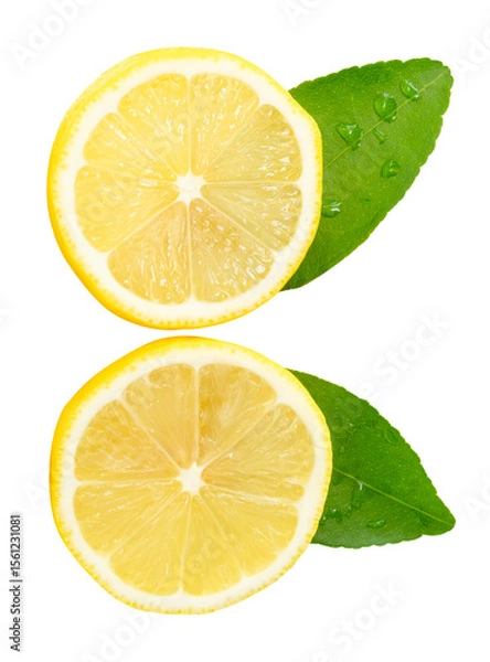 Fototapeta Front view set of ripe yellow lemon fruit or slices in two circles with green leaves isolated on white background with clipping path