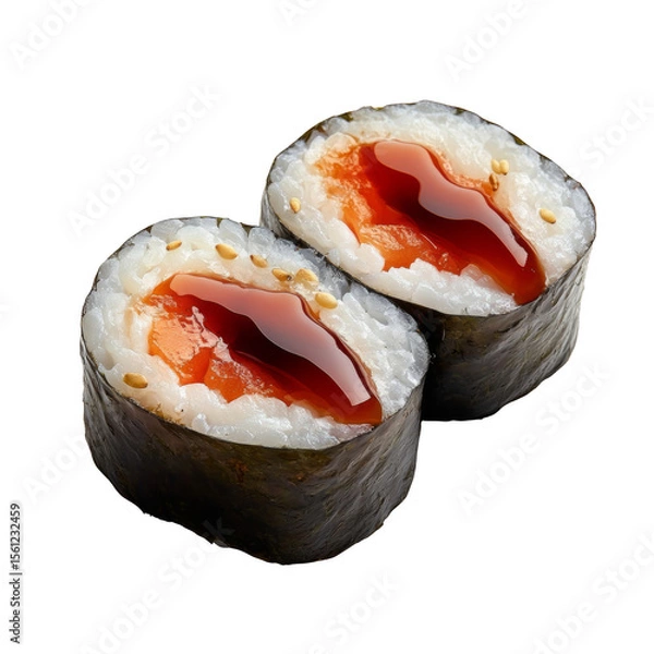 Fototapeta Two sushi rolls with a red sauce on top