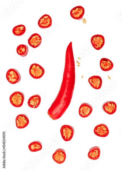 Fototapeta Top view set of fresh red chili pepper with slices or pieces isolated on white background with clipping path