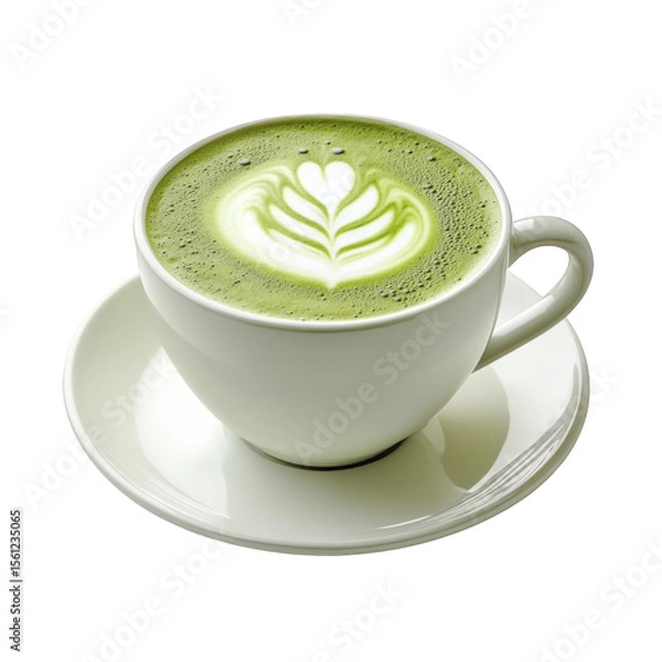 Fototapeta A white coffee cup with a green foam leaf design on top