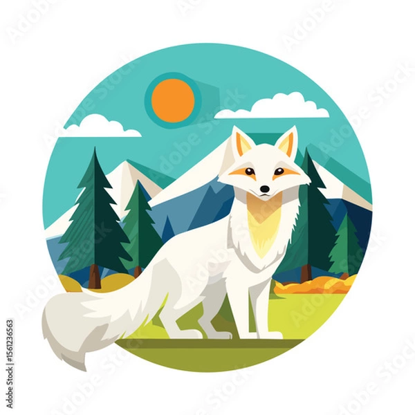 Fototapeta Arctic Fox Flat Vector Illustration Featuring Serene Nature Elements.