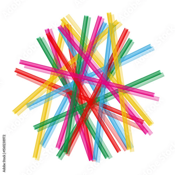 Obraz Colorful plastic straws randomly scattered in abstract pile formation 3d vector objects, beverage waste, party supplies, environmental concept with overlapping translucent tubes on white background.