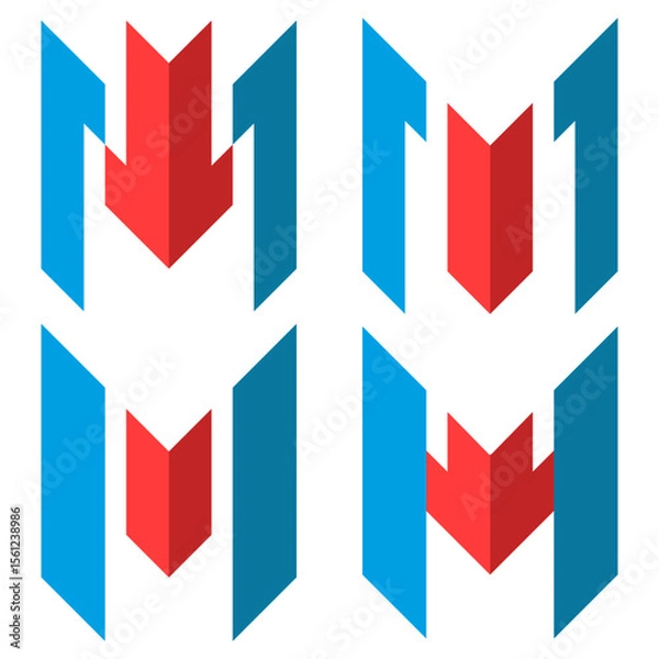 Obraz Set of abstract letter M logo with upward and downward arrows reflecting financial growth, trading risks, market volatility, banking performance and investment movement in minimal 3d geometric style.