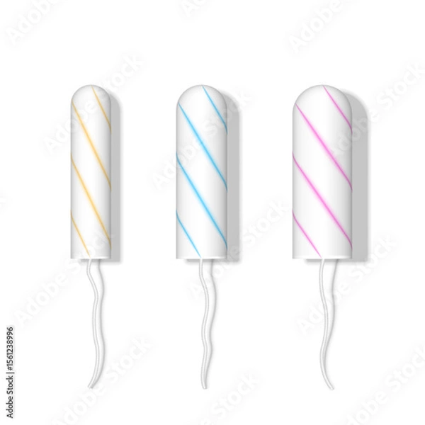 Obraz Three different tampon sizes top view isolated on white background realistic 3d vector illustration, color-coded spiral patterns for different absorbency levels, for feminine hygiene care.