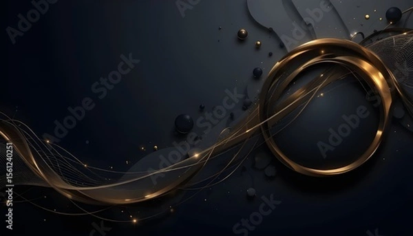 Fototapeta Modern Dark 3D Abstract Background with Circular Shapes and Golden Line Accents for Luxury Design