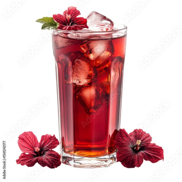 Fototapeta A glass of red drink with ice cubes and a flower on the side