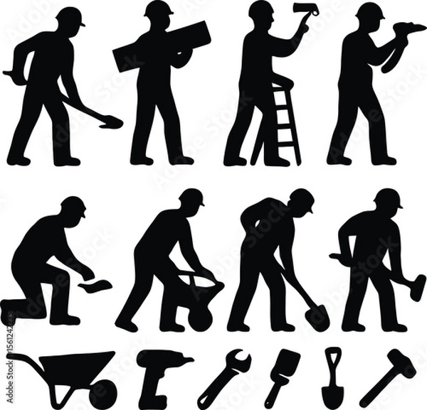 Obraz A set of black silhouettes of construction workers