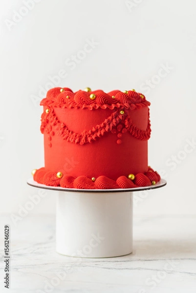 Fototapeta Delicate lambeth style birthday cake with red cream cheese frosting decorated with cream tracery and golden sprinkles. White background
