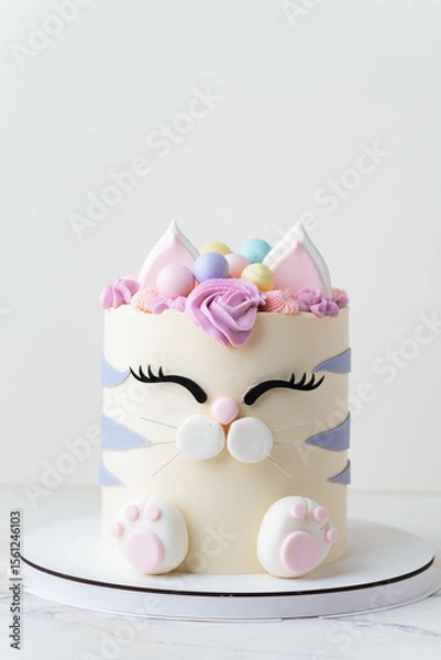 Fototapeta Cute birthday cake in the shape of cat with mastic ears and paws decorated with pink cream fur on the white background. Adorable cake for a little girl who likes cats