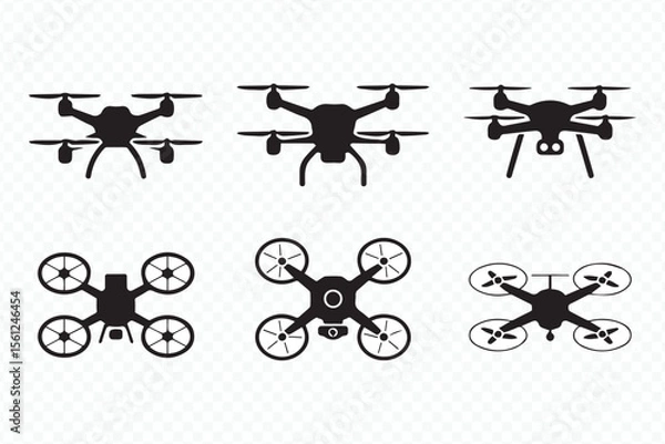 Obraz minimal flat drone vector collection with six silhouette icons of quadcopters in top, side, and front views for designers