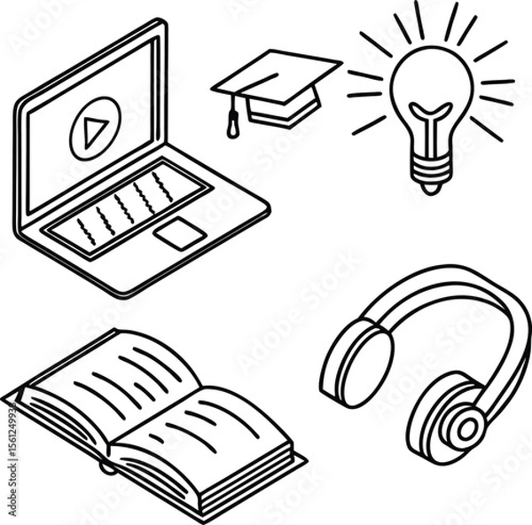 Obraz "E-learning and Online Education Icon Set – Laptop, Book, Headphones, Lightbulb, Graduation Hat"