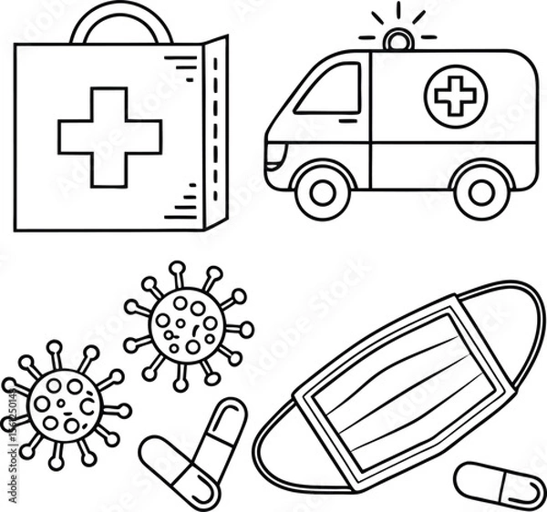 Obraz "Healthcare Line Icons Including Emergency Kit, Virus, Mask, and Medicine"