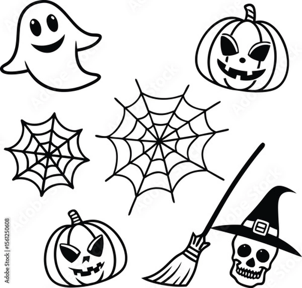 Obraz “Cute Halloween Icons Featuring Ghost, Pumpkin, Spider Web, Witch Hat and Skull”
