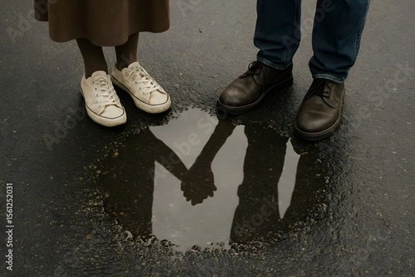 Fototapeta Reflection of a Couple Holding Hands in a Puddle on Asphalt Ground Surface
