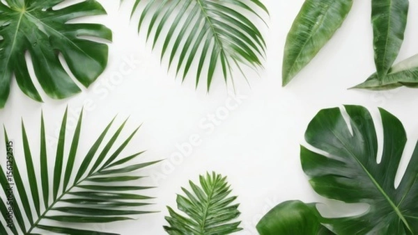 Fototapeta Tropical Leaves in Circular Pattern on White Background  Vibrant Colors and Lush Greenery in Flat Lay Design