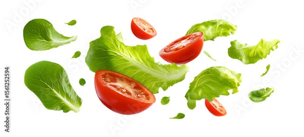 Fototapeta Salad ingredients levitating in the air, Salad leaves and tomato slices floating isolated on a transparent background
