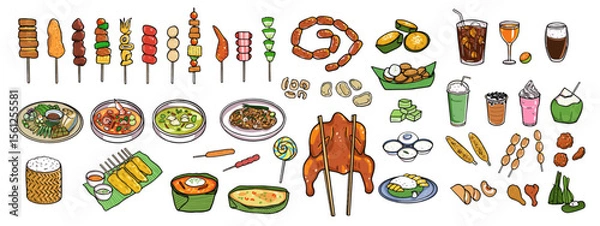 Fototapeta A set of street food isolated on white background, including Tom Yum Goong, grilled chicken, pork, sticky rice, hot dog, spicy curry, beverage, dessert. Colored with outlines. Vector and illustration.