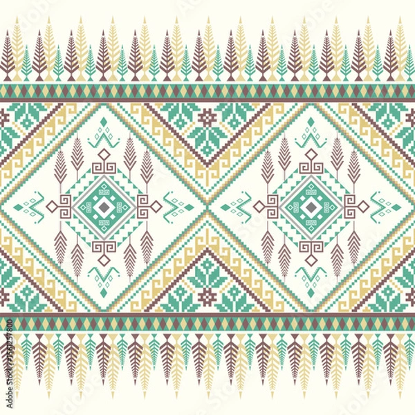 Fototapeta Elegant pixel-style pattern with tribal diamonds in soft cream, green, and mustard tones. Clean layout perfect for home décor and cultural designs.