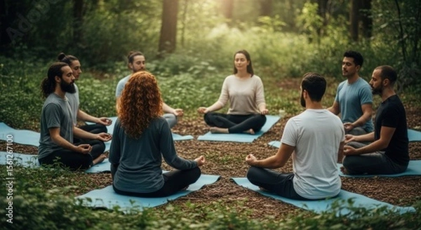 Fototapeta Group of people meditating in a circle outdoors in a forest on yoga mats in a peaceful setting