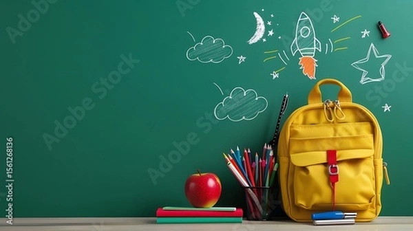 Fototapeta Back to school essentials with a yellow backpack, school supplies, and playful doodles on a green background