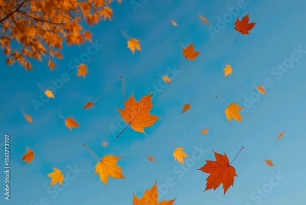 Fototapeta maple leaves falling in autumn with sky background