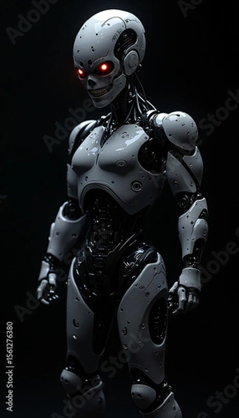 Fototapeta 
A angry ai robot with glowing eyes that seem to pierce through the darkness, A robot with glowing red eyes standing in darkness, AI generated