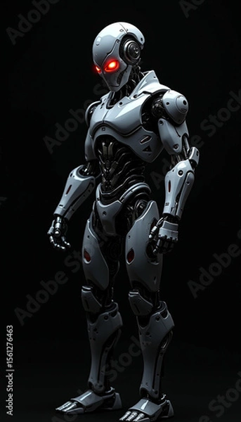 Fototapeta 
A angry ai robot with glowing eyes that seem to pierce through the darkness, A robot with glowing red eyes standing in darkness, AI generated