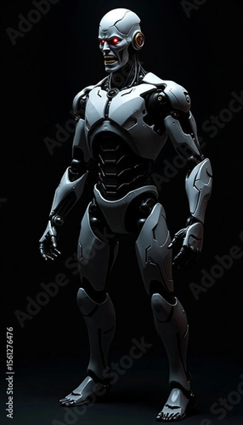 Fototapeta 
A angry ai robot with glowing eyes that seem to pierce through the darkness, A robot with glowing red eyes standing in darkness, AI generated