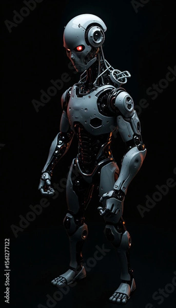 Fototapeta 
A angry ai robot with glowing eyes that seem to pierce through the darkness, A robot with glowing red eyes standing in darkness, AI generated