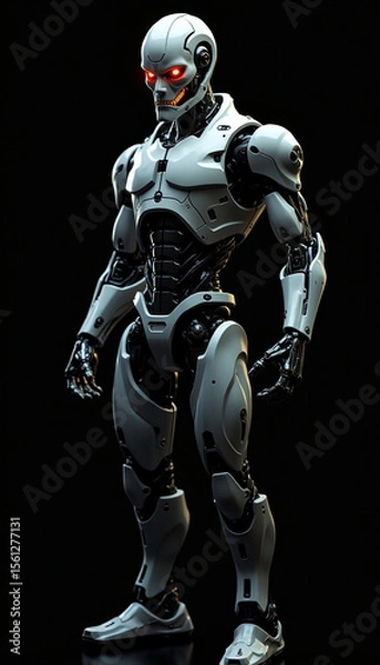 Fototapeta 
A angry ai robot with glowing eyes that seem to pierce through the darkness, A robot with glowing red eyes standing in darkness, AI generated