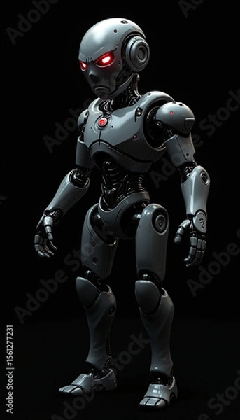 Fototapeta 
A angry ai robot with glowing eyes that seem to pierce through the darkness, A robot with glowing red eyes standing in darkness, AI generated