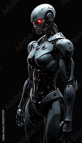 Fototapeta 
A angry ai robot with glowing eyes that seem to pierce through the darkness, A robot with glowing red eyes standing in darkness, AI generated