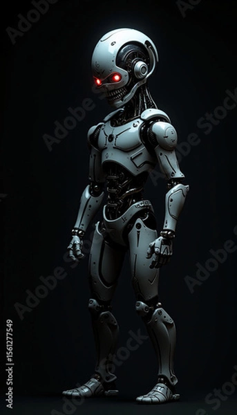 Fototapeta 
A angry ai robot with glowing eyes that seem to pierce through the darkness, A robot with glowing red eyes standing in darkness, AI generated