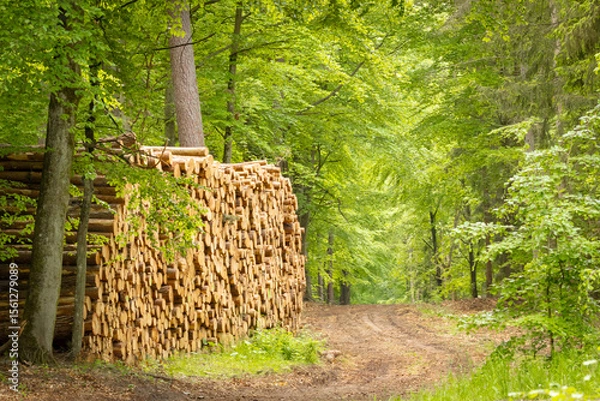 Obraz harvested pine wood stacked in a pile