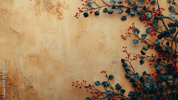 Fototapeta Abstract background featuring a light wooden table with nature-inspired patterns and colors, viewed from above